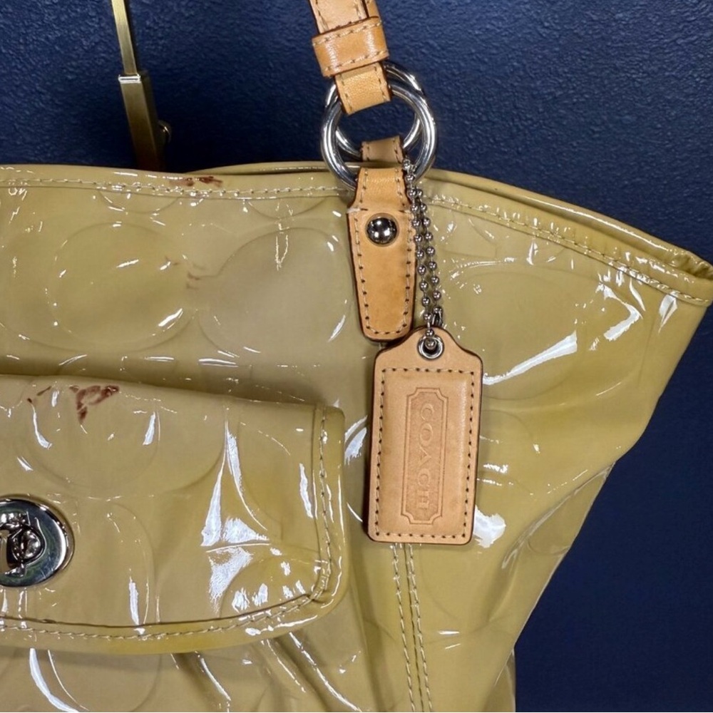 Coach Yellow Patent Leather Shoulder Tote with Tan Straps - Picture 7 of 8